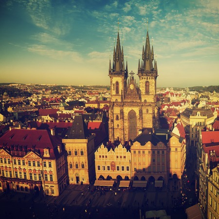 Old Town Square with  Church of Our Lady before Tyn in eastern european Czech capital Prague -vintage  view from Town Hallの写真素材