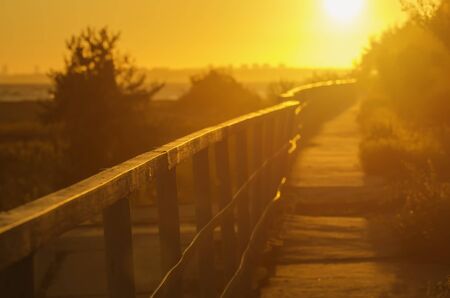 Vintage natural sunny background with wooden  road and fence  at autumn sunsetの写真素材