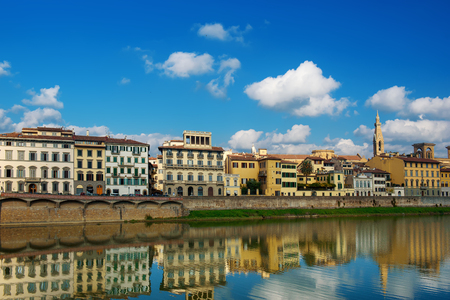 Embankment of the Arno River near Ponte Vecchio and Uffizi Gallery, Florence, Italy. Travel outdoor sightseeing background.の写真素材