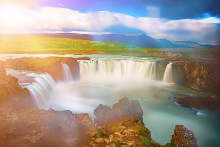 Godafoss waterfall in Iceland, summer natural travel backgroundの写真素材