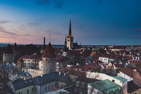 View to the european city Tallinn after sunset, travel outdoor backgroundの写真素材