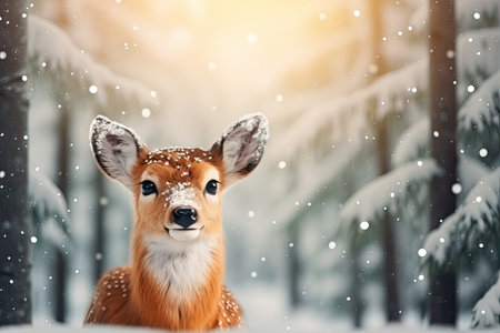 Elegant reindeer against snowy winter forest background. Holiday Christmas card concept.の素材