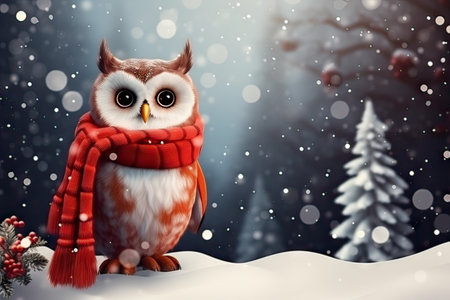 Cute owl in a red Christmas scarf against snowy winter forest background. Holiday New Year greeting card concept. Animals in the wild.の素材