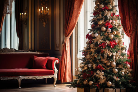 House interior with Christmas glowing tree and gifts, holiday room concept backgroundの素材