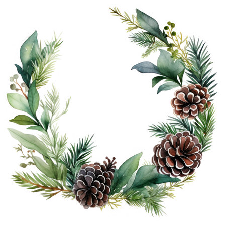 Christmas wreath frame with fir branches and pine cones, isolated on white, holiday card designの素材