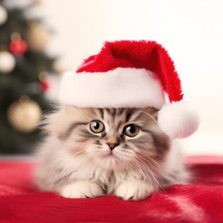 Cute fluffy kitten in Santa red hat for Christmas holiday postcards, seasonal backgroundの写真素材