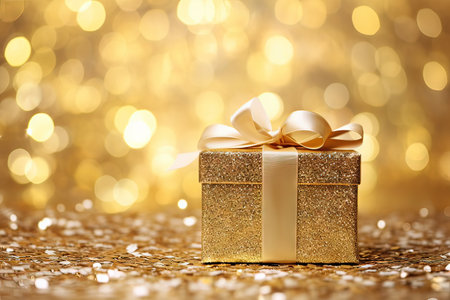 Christmas golden gift box on a shiny festive background. New Year present holiday concept