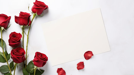 Blank paper card and red rose flowers background. Holiday Valentine or wedding greetingsの素材
