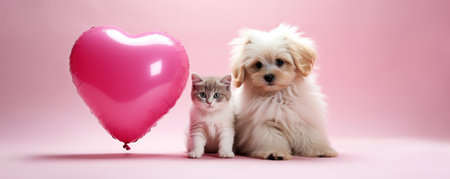 Kitten and puppy with heart balloon sitting on a pink background, Valentine day holiday card designの素材