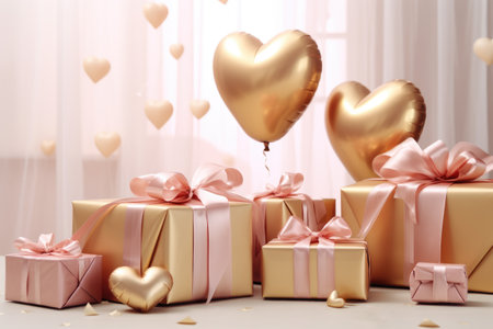 Greeting card design for Valentine Day, Wedding, Birthday celebration with balloons and gift boxesの素材