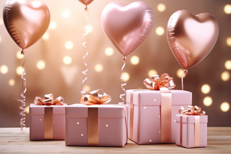 Greeting card design for Valentine Day, Wedding, Birthday celebration with balloons and gift boxesの写真素材