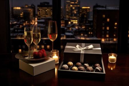 Valentines day or birthday holiday dinner table with champagne glasses, sweets and gift boxesの素材