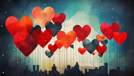 Valentine Day card design with flying hearts in red and blue colors in painted vintage grunge styleの素材