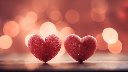 Valentine Day card background with glowing shiny hearts and bokeh, holiday conceptの写真素材