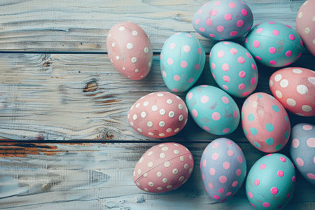 Colorful Easter eggs on wooden desk. Seasonal background for holiday card design, vintage style