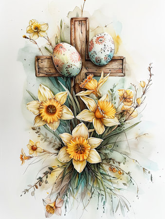 Watercolor painting with wooden cross, daffodils and Easter eggs, greeting cardの素材