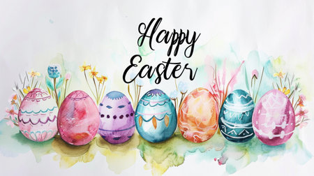 Happy Easter card in light pastel style, watercolor painting with eggs and flowersの素材