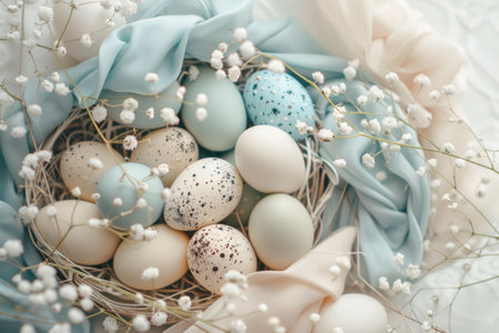 Happy Easter background with eggs in nest, spring flowers and copy space. Flat lay. Greeting cardの素材