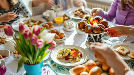 Happy family at Easter dinner table with a lot of meals and eggsの素材