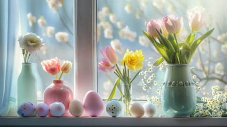 Easter scene in a kitchen with decorations, eggs, flowers in vases, light pastel holiday backgroundの素材