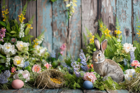 Cute Easter bunny with flowers and eggs, seasonal greeting cardの素材