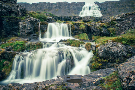 Dynjandi is one the most famous waterfall of the West Fjords of Iceland at summerの写真素材