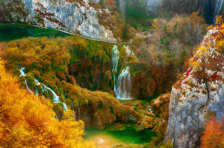 Autumn colors and waterfalls of Plitvice National Park in Croatia, seasonal colorful backgroundの写真素材