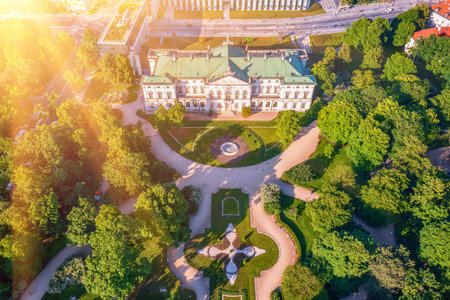 Krasinski Palace and National Library in Warsaw, Poland, view from above with green parkの写真素材