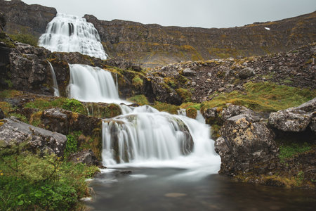 Dynjandi is one the most famous waterfall of the West Fjords of Iceland at summerの写真素材