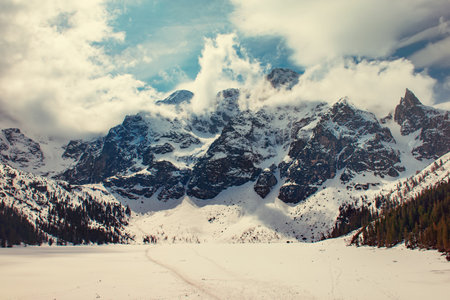 Frozen Lake Morskie Oko or Sea Eye Lake in Poland at Winter.の写真素材
