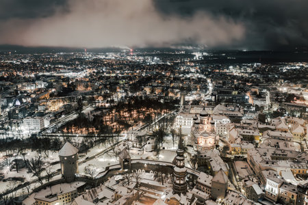 Aerial night View of Tallinn in winter with Alexander Nevsky Cathedral, roofs with snow, Christmas moodの写真素材