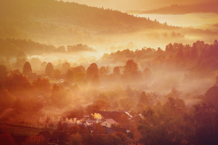 Morning mountain landscape, autumn seasonal background, amazing sunriseの写真素材