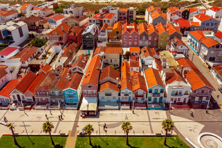 Costa Nova, Aveiro, Portugal: colorful striped houses called Palheirosの写真素材