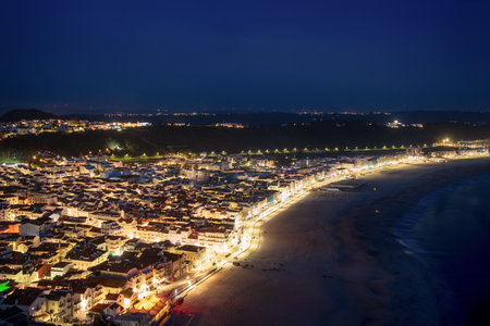 Night time cityscape of Nazare, Portugalの写真素材