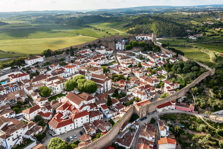 Aerial view of Obidos with historic walls and castle, Leiria district, Portugalの写真素材