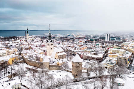 Aerial View of Tallinn in winter, roofs are covered with snow, Christmas moodの写真素材