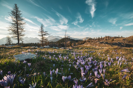 Spring crocus flowers in the green grass, Velika Planina, Kamnic, Sloveniaの写真素材
