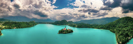 Lake Bled, Slovenia, seasonal spring travel background, panoramaの写真素材