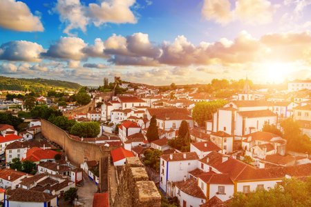 Aerial view of Obidos with historic walls and castle, Leiria district, Portugalの写真素材