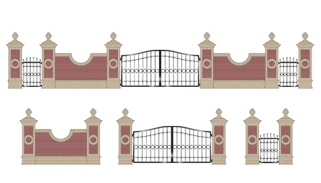 Forged iron gate with stone pillars, isolatedのイラスト素材