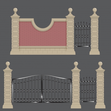 garden gateway, stone pillars with forged gate and brick wallのイラスト素材