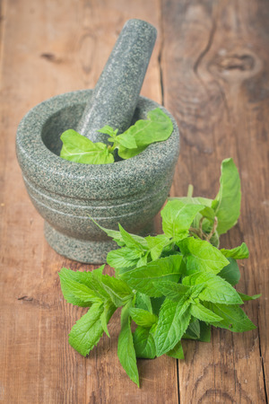 Fresh green mint in mortar on wooden backgroundの写真素材