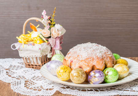 Easter cake and eggs on festive Easter table