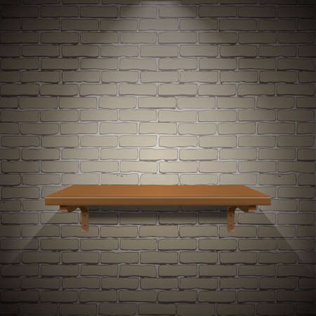 Empty wooden shelf for exhibit on brick wall texture background.のイラスト素材