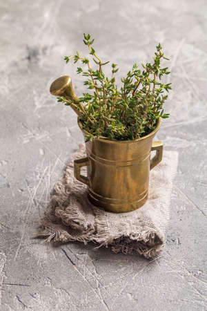Fresh green thyme in old metal mortar on gray backgroundの写真素材