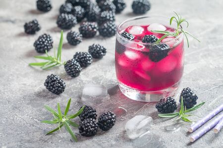 Refreshing lemonade with blackberry, ice and rosemaryの写真素材