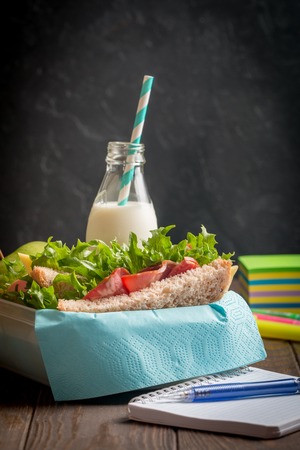 School lunch with sandwich, milk and apple on dark backgroundの写真素材