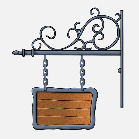 vector medieval wood sign hanging on chains isolated on whiteのイラスト素材