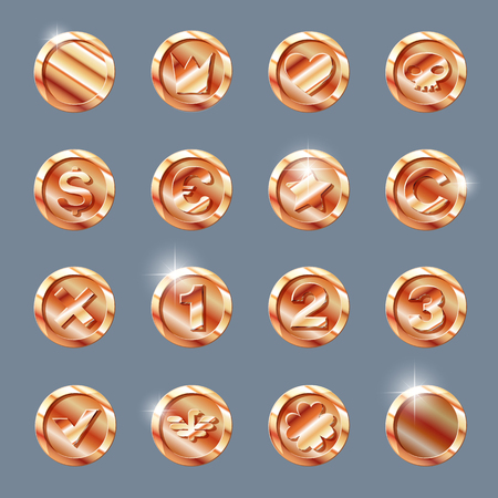copper coins set. copper coin isolated on dark background. copper coin, vector illustration.のイラスト素材