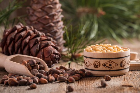 Cedar nuts and branch with cone on wooden backgroundの写真素材